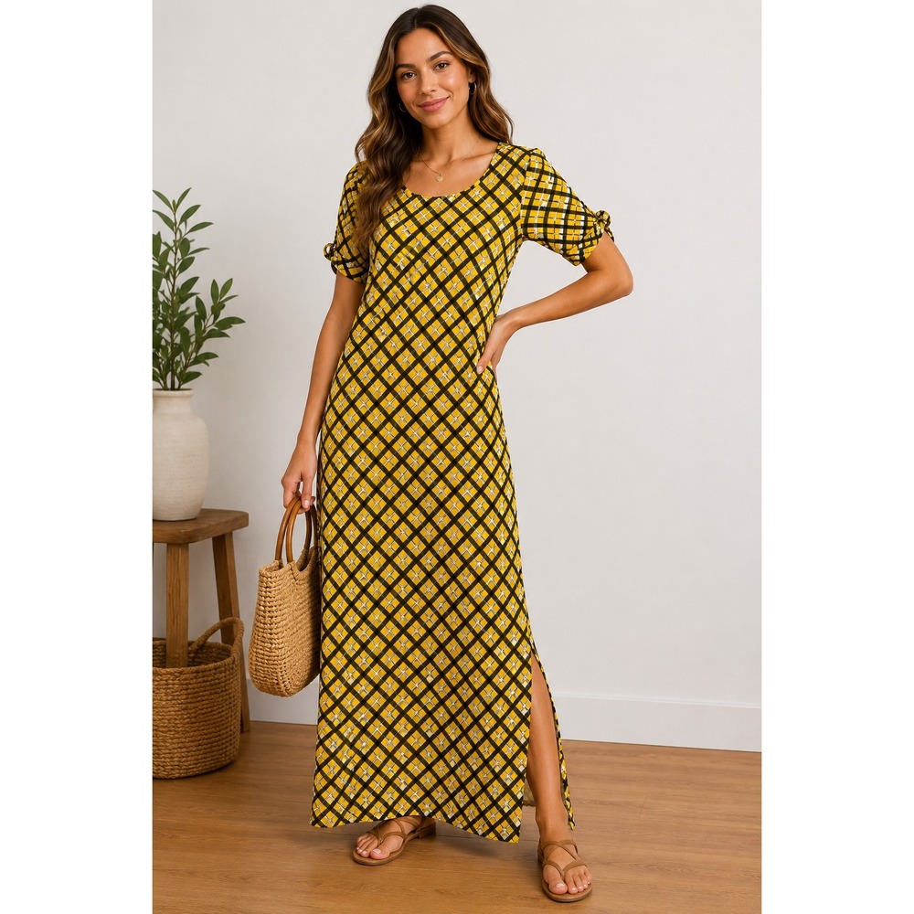 MICHAEL Michael Kors‎ Dress Womens M Yellow Plaid Maxi T Shirt Short Sleeve Knit